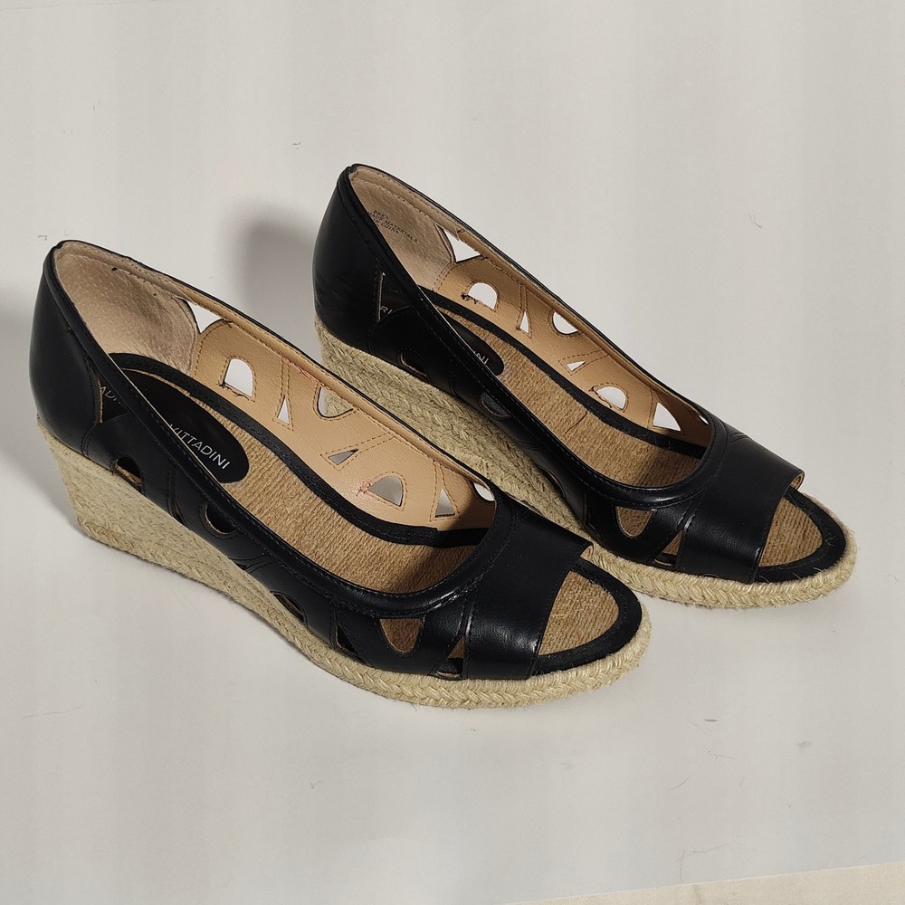 Adrienne Vittadini Espadrille Wedge Women's 10M Black Cutout Peep Toe Sandal